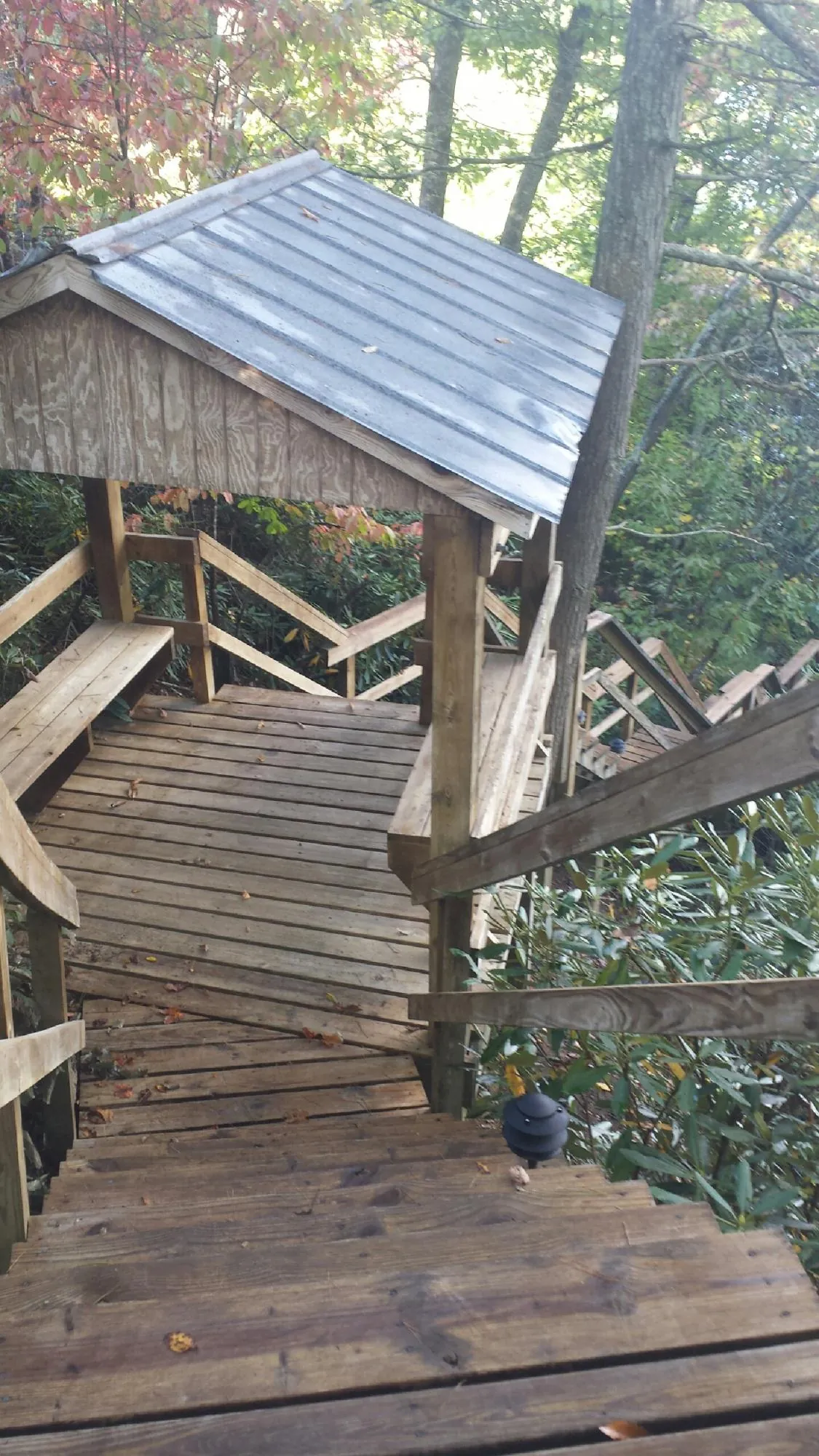 Metal roofed shelter over wooden steps on a wooded walkway — Skylight Repair & Installation work by our crew in Groves